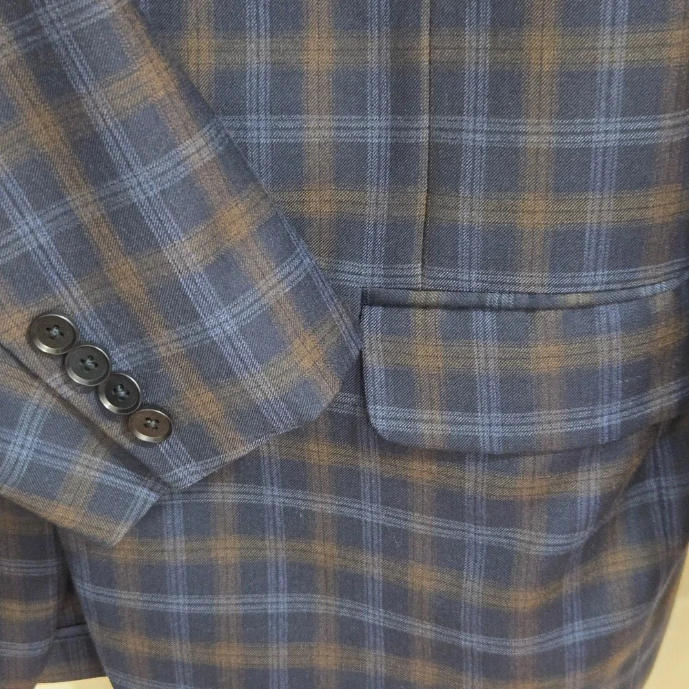 Robert Talbott Sport Coat 44T Blue Brown Plaid Carmel Unstructured Blazer 2002